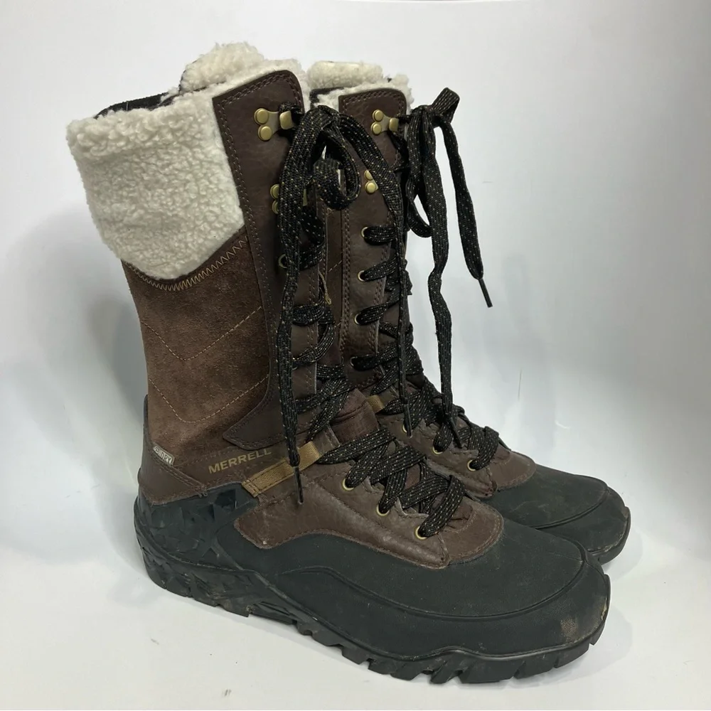 Merrell aurora tall ice plus waterproof winter boots brown black womens size 7.5